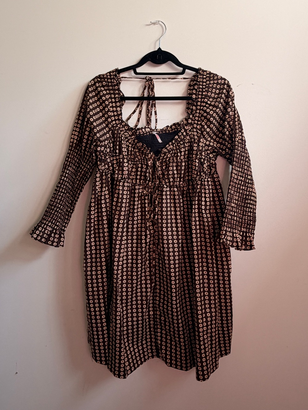 Free People Brown and Cream Printed Long Sleeve Dress